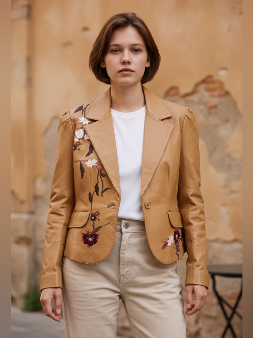 Siegel Floral Embroidered Tan Leather Jacket